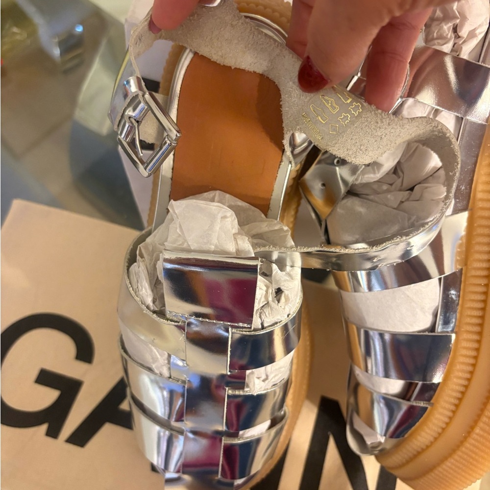 Ganni Silver Strappy Sandals new in the box sz 10 - Picture 11 of 14